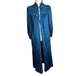 Vintage Long Sleeve Nylon Robe Nightgown Size Small Dark Teal Tie Closure Lace